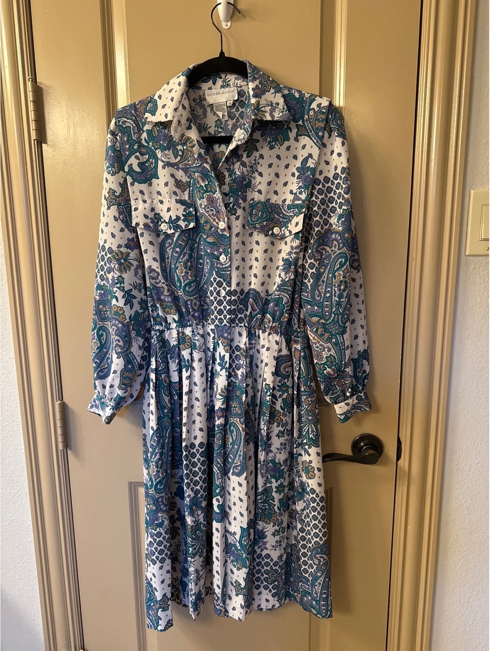Vintage Long Sleeve Button-Up Dress with Blue and Green Paisley Print